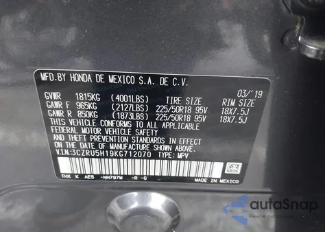 2019 Honda Hr-V Sport z USA, uszkodzony, nr VIN 3CZRU5H19KG712070